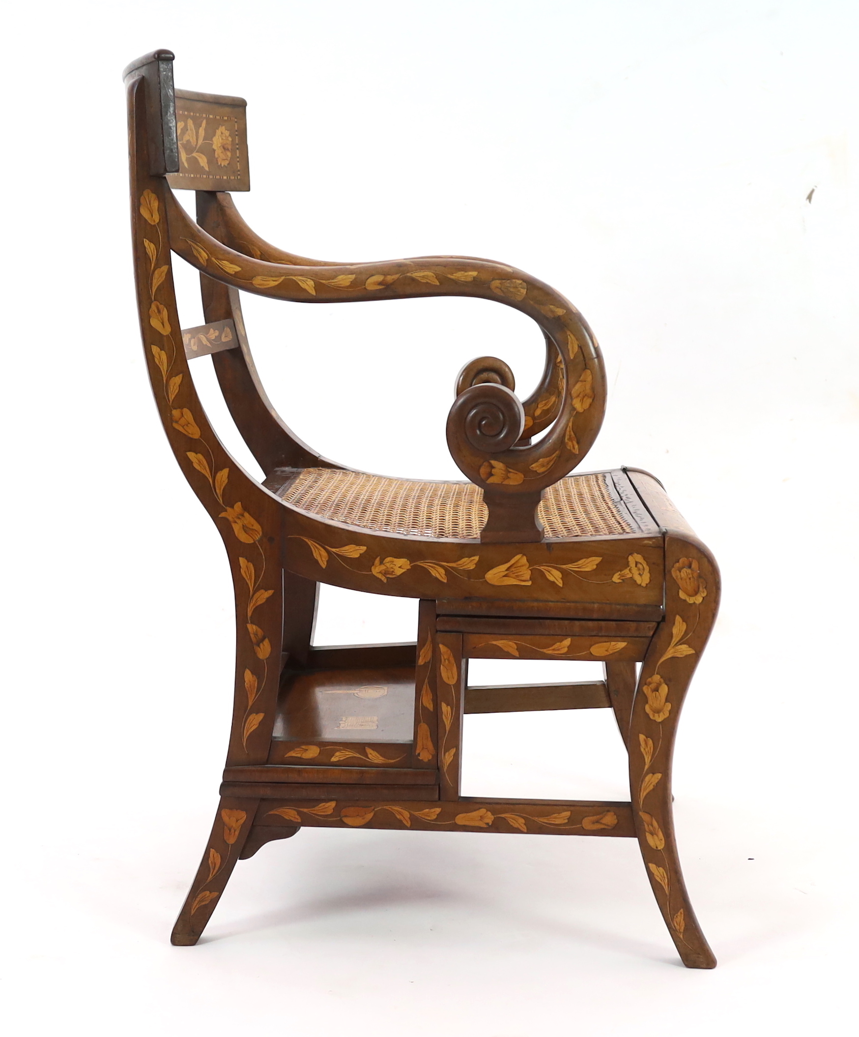 An early 19th century Dutch walnut and marquetry metamorphic library steps chair